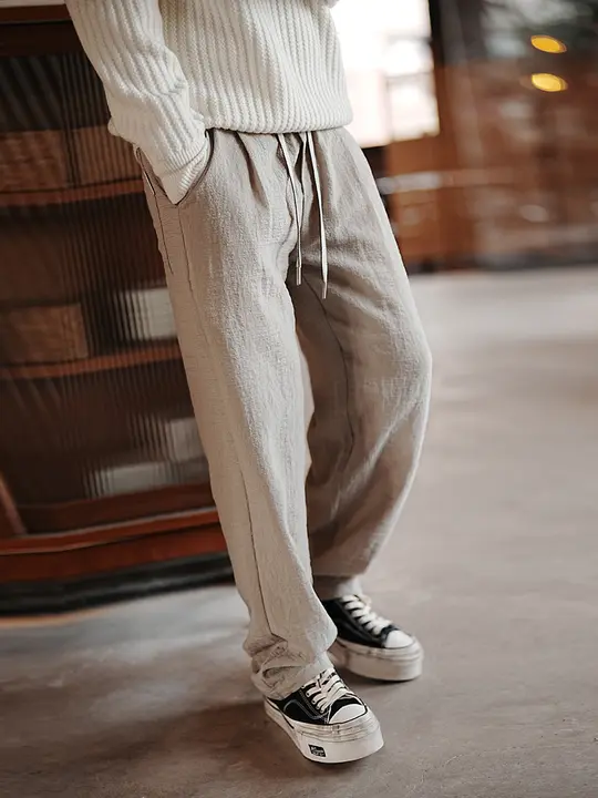 メンズ シンプルデザイン パンツ【抗皺・ストレート・ドローストリング付き】