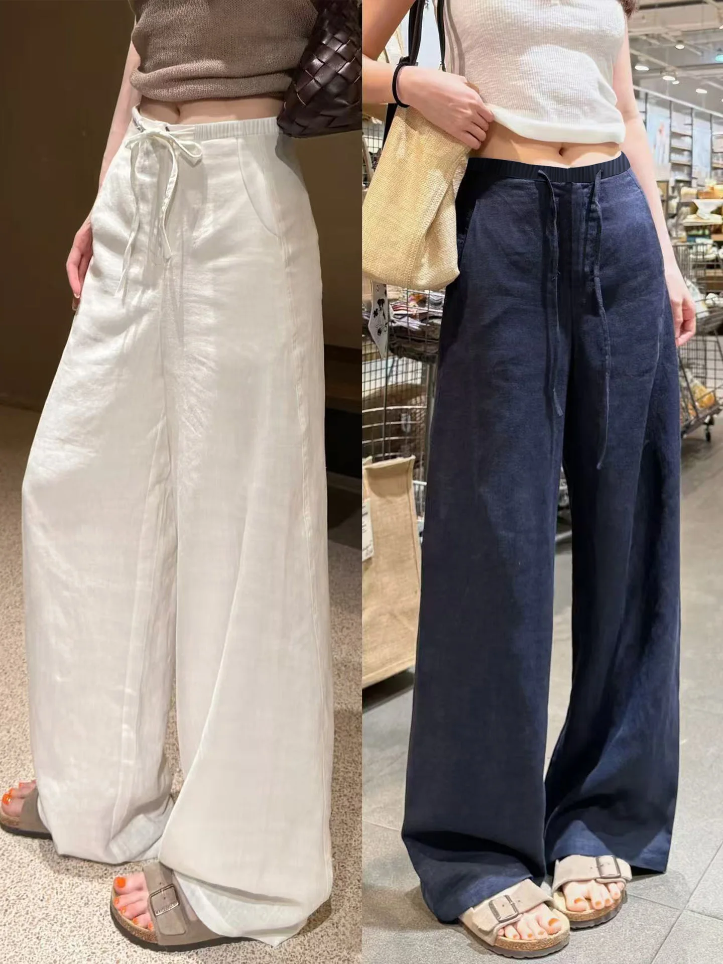 深紺色 コットンリネン ワイドパンツ【高腰・＆ストレート・夏用】 春コーデに最適なパンツ