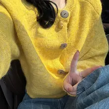 ヴィンテージ風イエローラブリーカーディガン【女性用・ルーズフィット・春秋用】