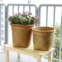 自然素材の草編み収納バスケット【丸型・ドライフラワー用・藤編みスタイル】