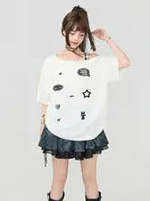 刺繍入りオフショルダー短袖Tシャツ【夏用・ラフなスタイル・ビッグサイズ】