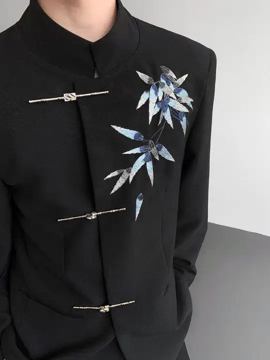 中式刺繍の竹葉デザインジャケット【金箔仕上げ・スタンドカラー・金属ボタン】