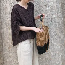 Vネックの大きいサイズ レディース リネン混チェックカーディガン【ゆったりシルエット・春夏用】