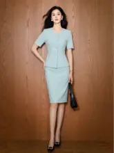 薄荷マンボ湖ブルーの半袖ワンピース【女性用・エレガントな職業制服・フォーマル】（セットアップ対応）