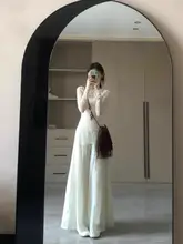 高身長向け春用レイヤードコーデ 褶皺メッシュトップスとロングフレアパンツ【ホワイト・キャミソール付き】（セットアップ対応）