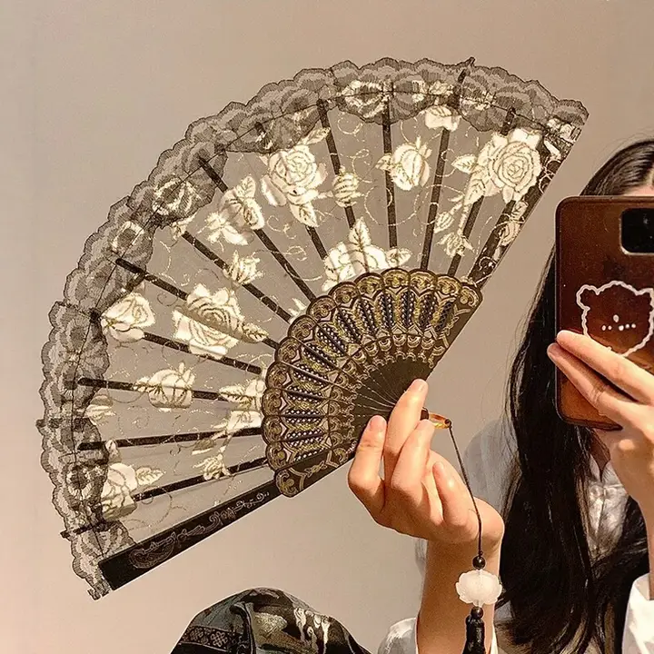 折りたたみ扇子 レディース レース チャイナテイスト ダンス 撮影用 インスタ映え 「Tlife Rose」