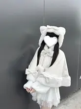 米杏色の猫耳付きリボンデザインフード付きケープコート【ロリータ・ウール混・秋冬用】