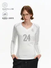 Vネックデジタルプリント長袖Tシャツ【スポーツスタイル・レトロデザイン・女性用・秋春対応】