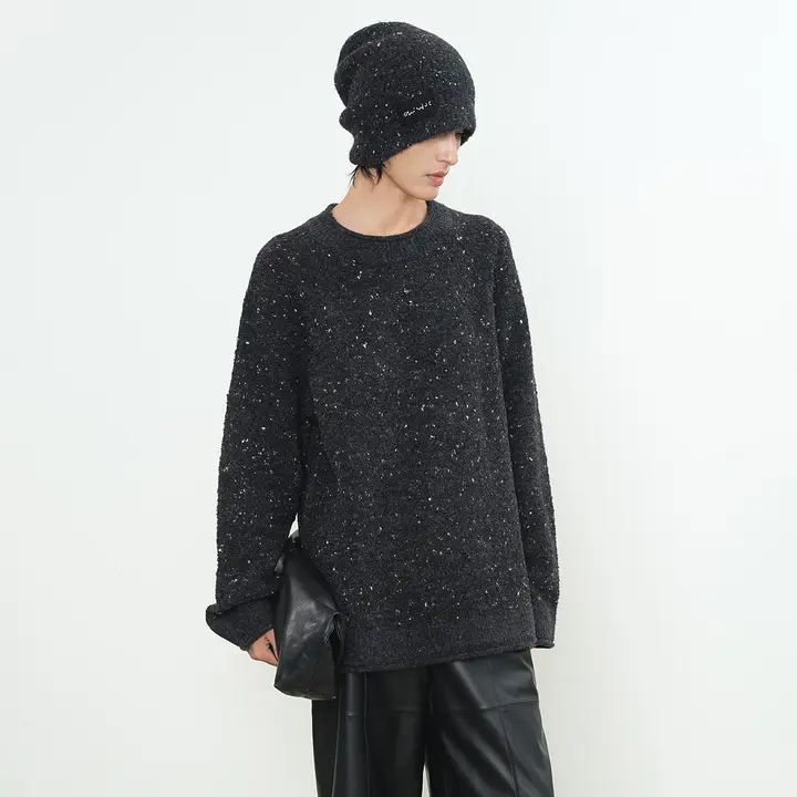 雪花模様のウール手編みニット帽【レトロスタイル・厚手】
