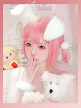 かわいい少女向けピーチピンクロングカールウィッグ【エアリーバング・ロリータスタイル・Y2K】
