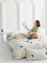 ブルーストライプの猫デザイン綿100%ベッド用品4点セット【シンプル・学生用】
