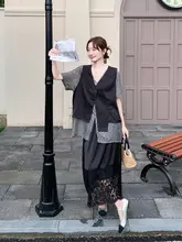新中式 ヴィンテージ風 Vネックベストとレース付き半身スカート【短袖・夏用】（セットアップ対応）