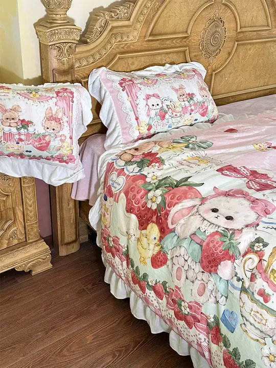 花柄ロリータデザインのミルクフリース四件セット【フランネルベッドリネン・レーストリム】（セットアップ対応）