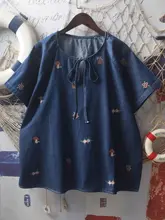 ユニークな刺繍入りデニムシャツ【コットン・リボン付き・ゆったりシルエット・ショートスリーブ】
