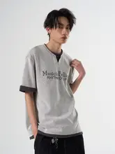 男士Vネック重ね着風Tシャツ【ラフなルーズフィット・短袖】（セットアップ対応）