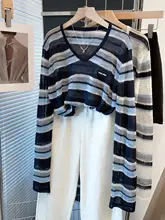 Vネックレースアップストライプニットトップス【ゆったりとしたスタイル・薄手・秋用】