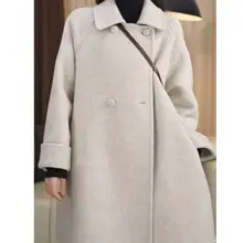 小柄向け ダブルブレスト中長丈ウールコート【フラップカラー・二重仕立て・スリムフィット】