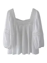 春夏用 シルクコットン ホワイト 方形ネック  レース フリル パフスリーブ ティーシャツ