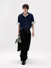 リバーシブルデザインのアイスシルクデニムチェック柄シャツ【夏用・ノーアイロン・抗シワ・ロールアップ袖】