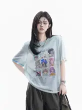 鬼馬カートゥーンプリントTシャツ【彩線肌理デザイン・ルーズフィット・カップル用】