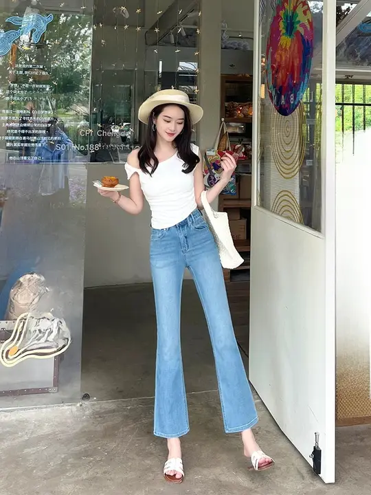 夏用薄手デニムパンツ【小柄向け・ハイウエスト・微フレア・ブルー・スリムフィット・九分丈】