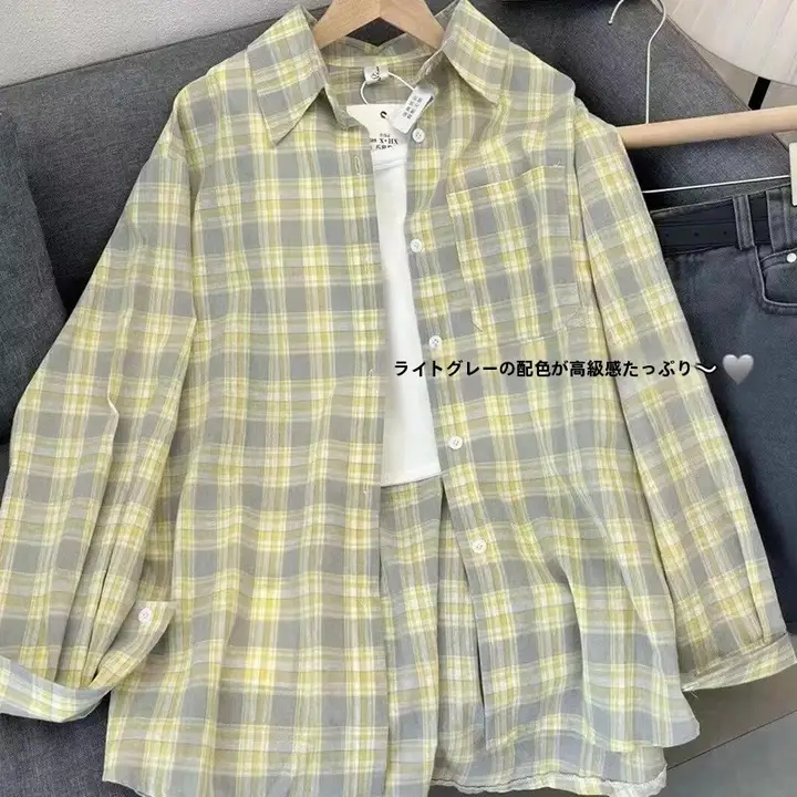 大きいサイズのグリーンチェック純綿シャツジャケット【春用・カジュアル・中長丈・日焼け対策】