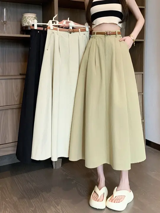 カキ色プリーツハイウエストミモレ丈スカート【女性用・ Aライン・大きなフレア】