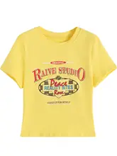 ロゴプリントのクロップドTシャツ【女性用・ウエスト絞り・夏用・綿素材・短袖】