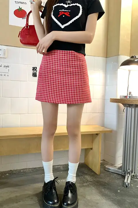 港風クラシック小格子ミニスカート【夏用・Aライン・ハイウエスト】（セットアップ対応）