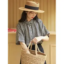 レトロチェック柄のコットンリネン半袖シャツ【夏用・女性用・デザイン性に優れた】