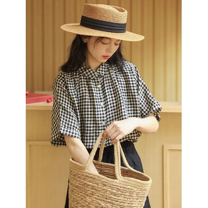 レトロチェック柄のコットンリネン半袖シャツ【夏用・女性用・デザイン性に優れた】