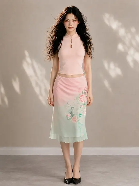 新中式デザインの立襟ノースリーブトップスと花柄シフォンスカート（セットアップ対応）