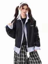 ストリートスタイル フェイクツーアイテムジャケット【女性用・ルーズフィット・春向け】（セットアップ対応）