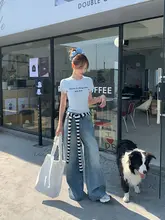 ブルーデニムストレートパンツ【女性用・ハイウエスト・フィット・ワイドレッグ・夏用】