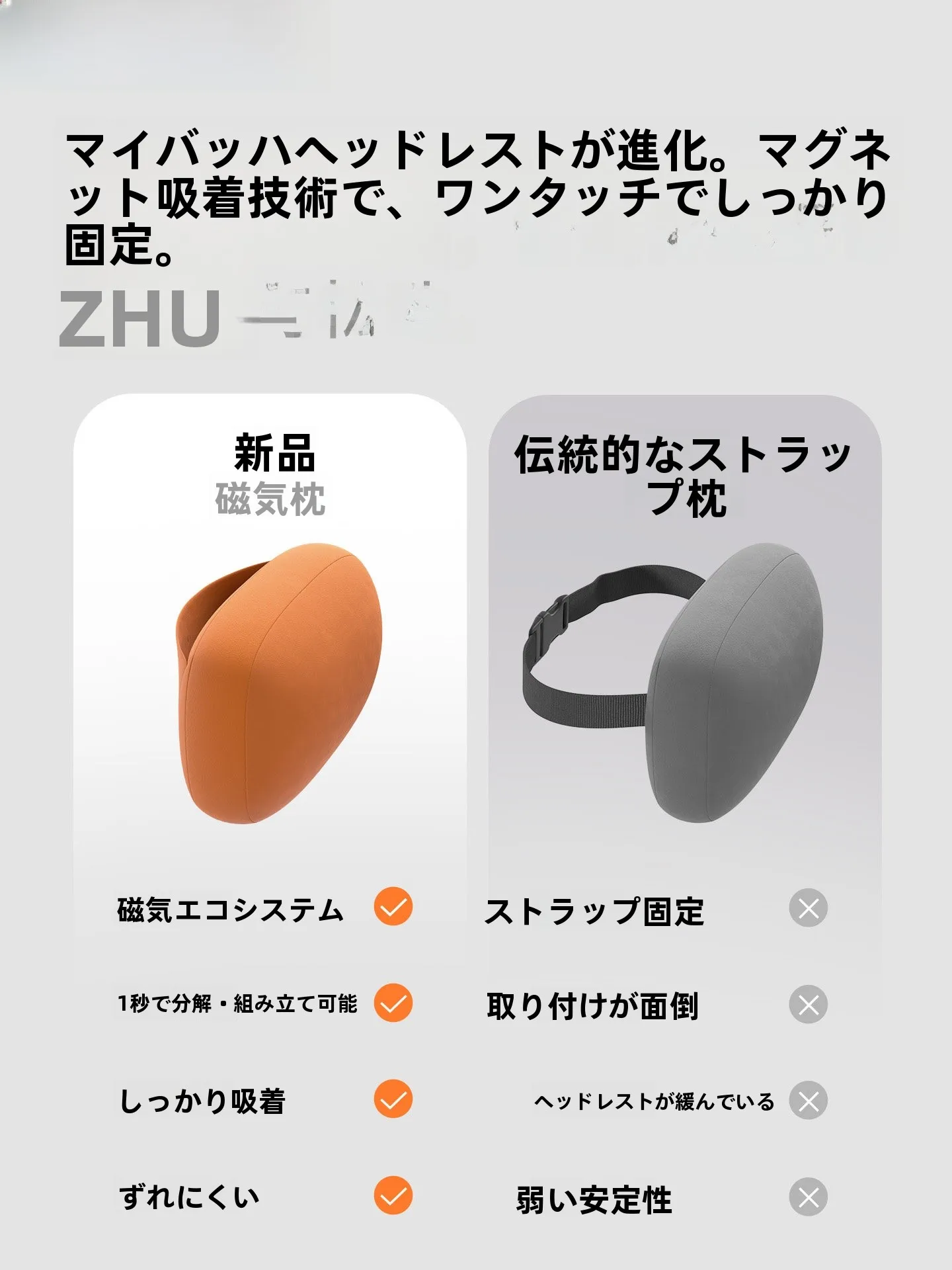 車用ヘッドレスト：マグネット式で首と腰をサポートする快適な設計