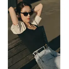 Bela studio ヴィンテージ風ボックスシルエット ブロッキングカラー カジュアルブラウス【バルーンスリーブ・ラウンドネック】