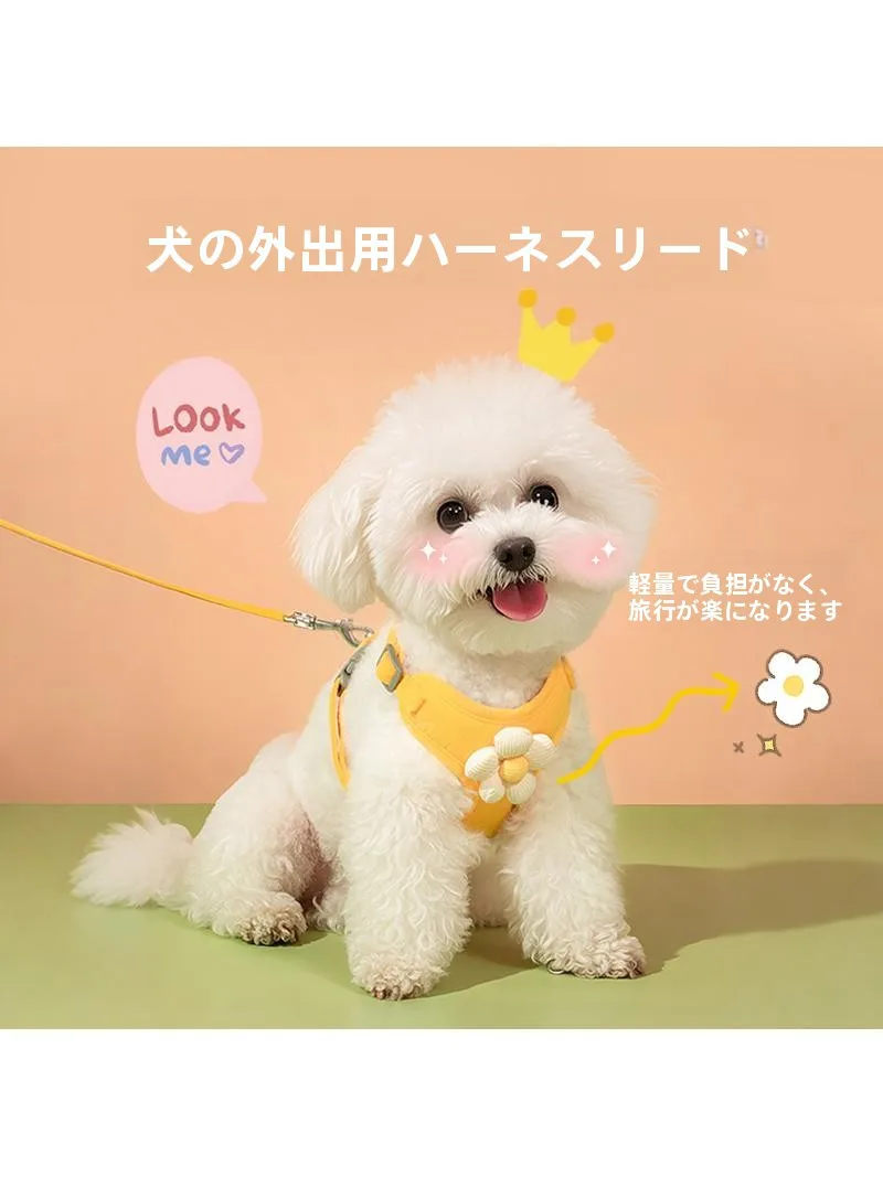 ペット用小花刺繍付きハーネス：リード付きで小型犬に最適な通気性設計