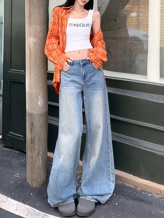 ヴィンテージ風 ブルー ワイドレッグ デニムパンツ【ローボトム・フィット・アメリカンスタイル・ストレートカット】
