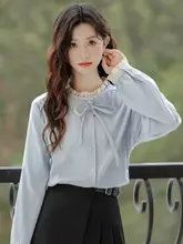 木耳飾り付きリボン長袖シャツ【ゆったりとしたシルエット・アカデミックスタイル】