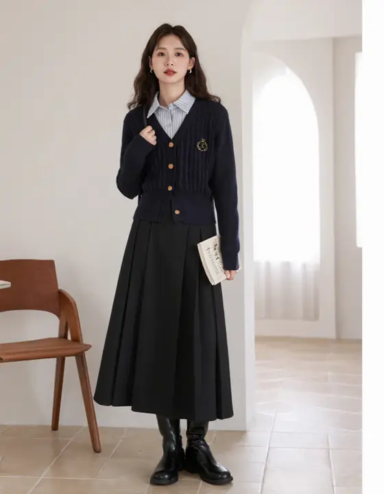 高腰プリーツスカート【女性用・Aライン・ブラック・デザイン性あり】