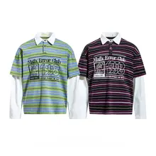アメリカンレトロストライプの長袖Tシャツ【男女兼用・春用・カジュアル・ゆったりデザイン】（セットアップ対応）