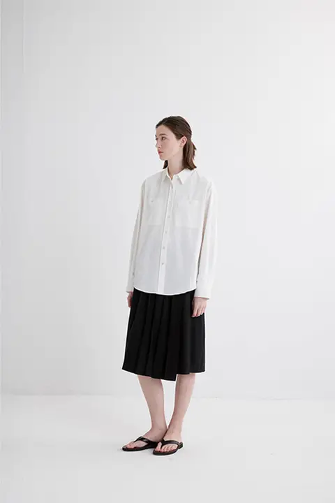 HABITS クラシックスタイル 麻混コットン長袖シャツ【ダブルポケット・翻領デザイン】