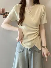大きいサイズ レディース レース切替のアイスシルクニットTシャツ【Vネック・ウエストマーク・短袖】