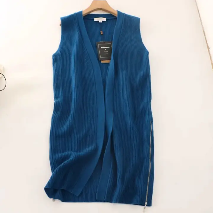 スリムなデザインの春秋用ニットカーディガン【75%ウール・25%カシミヤ・ノースリーブ・ロング丈】