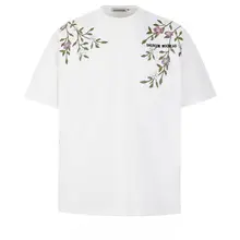 花柄刺繍入りコットン半袖Tシャツ【ユニセックス・ルーズフィット・カジュアル】