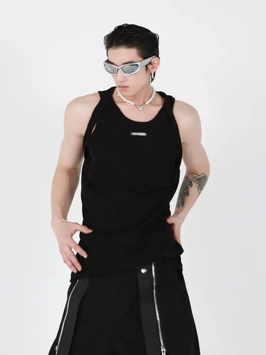 CulturE 夏季用 ダブルストラップ デザインタンクトップ【ブラック・メタル装飾・ノースリーブ】
