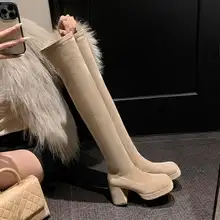 防水仕様のロングブーツ【厚底・スエード・カーキ・膝上丈】