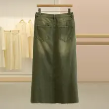 ハイウエストデニムAラインスカート【膝下丈・スリムフィット】（セットアップ対応）