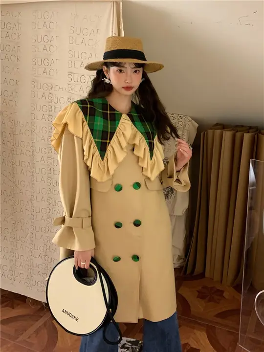 春季復古風フレンチスタイルのレース襟ダブルボタントレンチコート【中長丈・女性用】