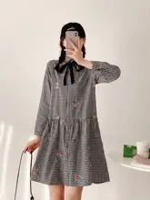 花柄刺繍チェックコットンシャツワンピース【ウエストリボン・チェックデザイン】